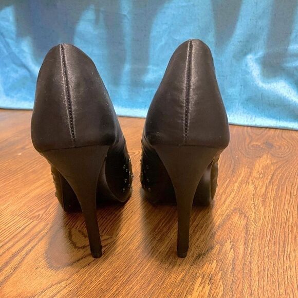 🌷 Club Townsend🌷GorgeousBlack Satin Rhinestone Studded Heel Open Toe Pumps - Picture 7 of 8